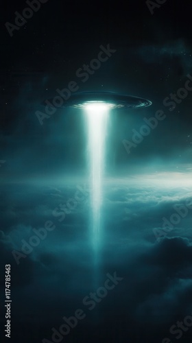 Wallpaper Mural Unidentified flying object hovering over clouds and emitting a beam of light Torontodigital.ca