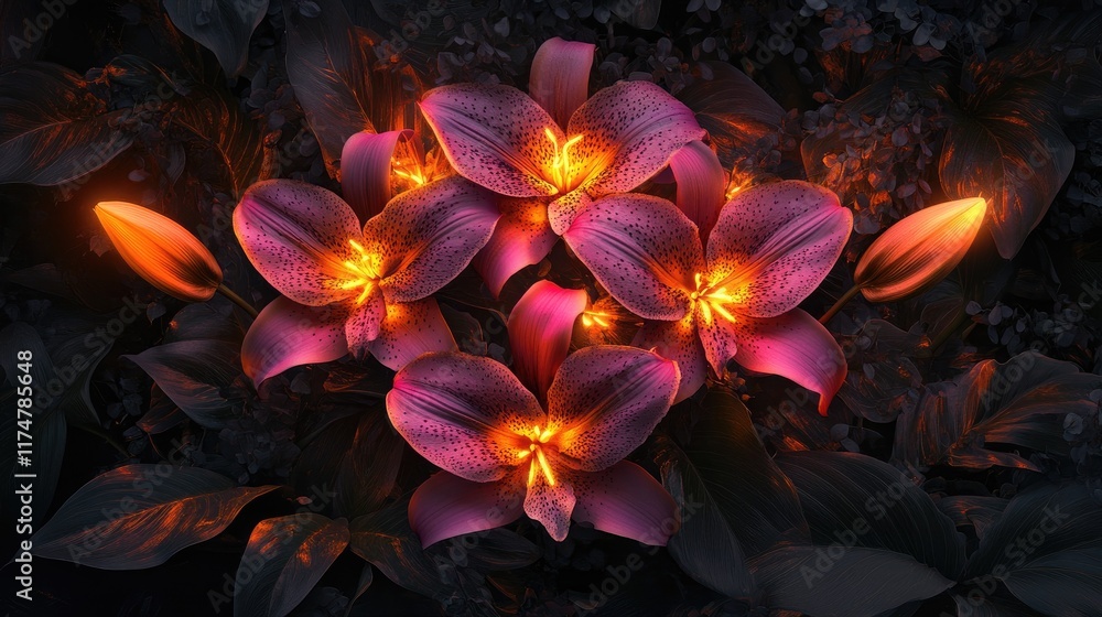 Obraz premium Glowing Lilies Amidst Dark Leafy Foliage