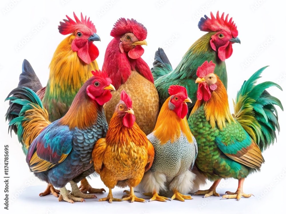 Fototapeta premium Colorful Chickens Group Isolated on White Background - Farm Birds Portrait