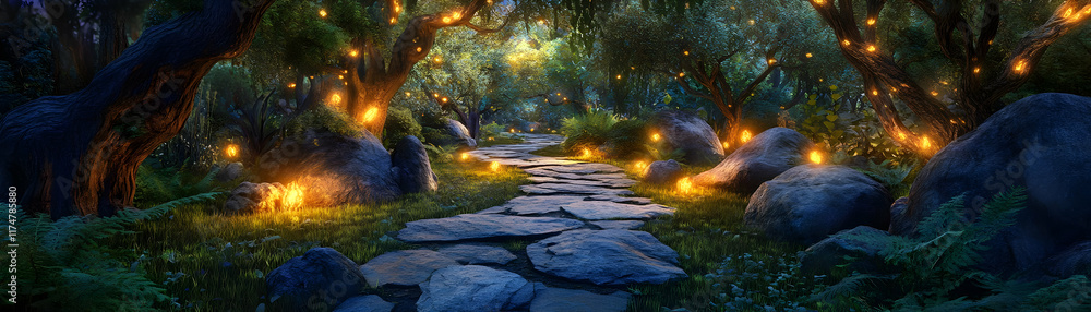 Naklejka premium Enchanted forest path, glowing lanterns, magical scene.