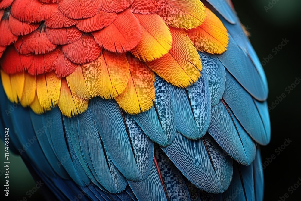 Fototapeta premium Colorful feathers of a macaw display vibrant hues in a natural setting
