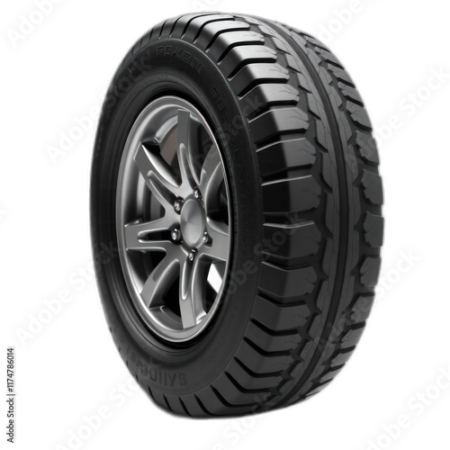 Rugged all-terrain tire, studio shot, black background, automotive parts.