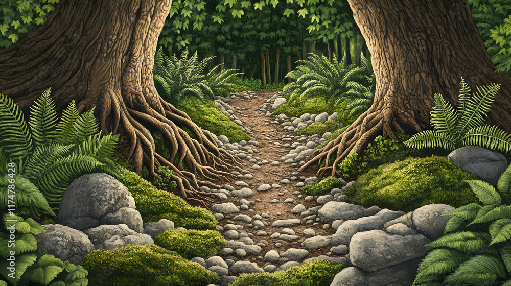 Naklejka premium Forest path between ancient trees, mossy rocks, lush ferns.