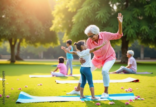 Elderly Indian Woman and Child Practicing Yoga in Open Park