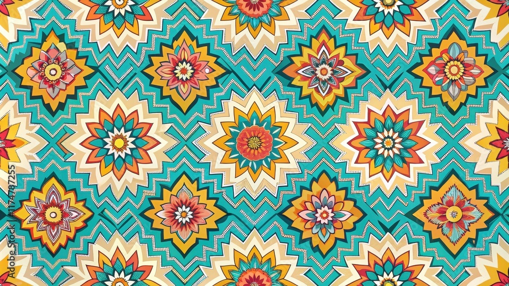Vibrant Floral Pattern with Zigzagging Teal and Beige Background Featuring Ornate Multicolored Flowers in a Repetitive Design Vibrant Floral Pattern with Zigzagging Teal and Beige Background Featuring Ornate Multicolored Flowers in a Repetitive Design