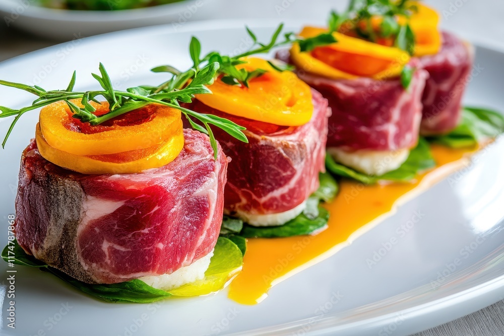Gourmet food presentation of delicate beef rolls with vibrant yellow peppers and fresh greens on a white plate, showcasing culinary artistry and fine dining elegance. Gourmet food presentation of delicate beef rolls with vibrant yellow peppers and fresh greens on a white plate, showcasing culinary artistry and fine dining elegance.