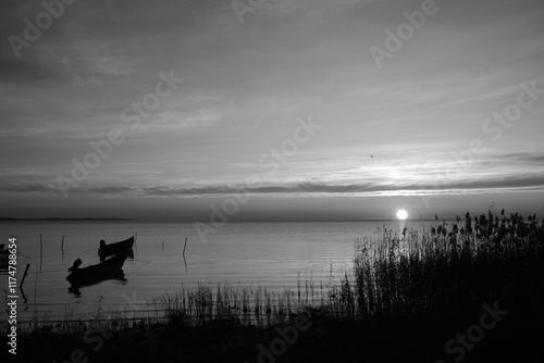 Winter morning on the Razim saltwater lake in the traditional fishing village of Sarichioi, one of the largest lakes in Romania, part of the Danube Delta Biosphere Reserve, Tulcea County, Romania