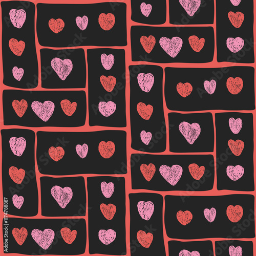 Hearts crayon drawn seamless pattern. Valentines day modular repeat background. Love symbols endless backdrop. Surface pattern design romantic date motif. Vector hand drawn illustration.