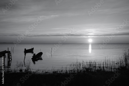 Winter morning on the Razim saltwater lake in the traditional fishing village of Sarichioi, one of the largest lakes in Romania, part of the Danube Delta Biosphere Reserve, Tulcea County, Romania