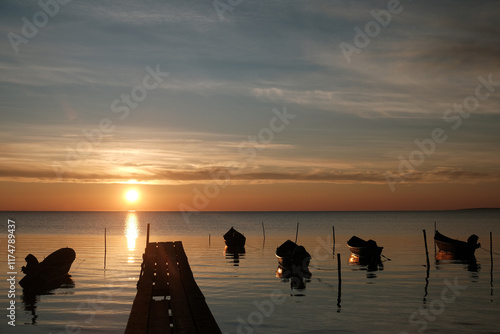 Winter morning on the Razim saltwater lake in the traditional fishing village of Sarichioi, one of the largest lakes in Romania, part of the Danube Delta Biosphere Reserve, Tulcea County, Romania