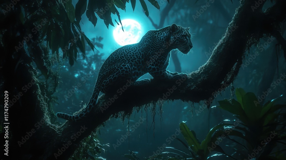 Fototapeta premium Majestic Leopard Sitting on Branch Under Moonlight in Jungle Scene