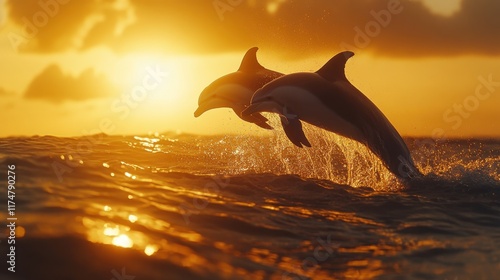 Dolphins Jumping in Golden Sunset Over the Calm Ocean Waves