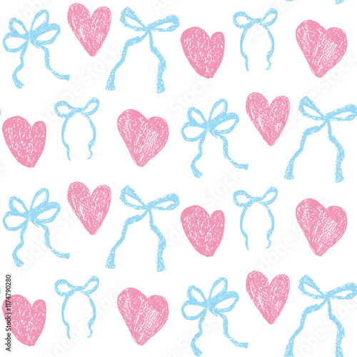 Hearts and coquette bow crayon drawn seamless pattern. Valentines day repeat background with blue present band and heart shapes. Love and bowknots ribbon symbols endless backdrop. Vector cover.