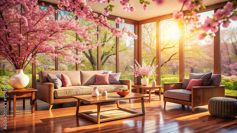 Fototapeta premium Contemporary Wooden Living Room with Cherry Blossom View - Bokeh Effect Stock Photo