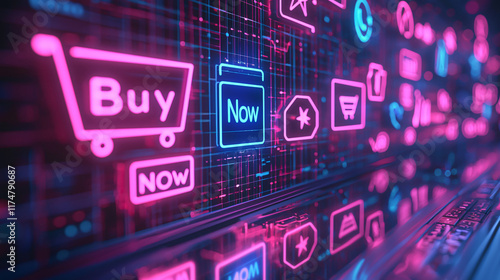 Neon Shopping Interface Buy Now Digital Commerce