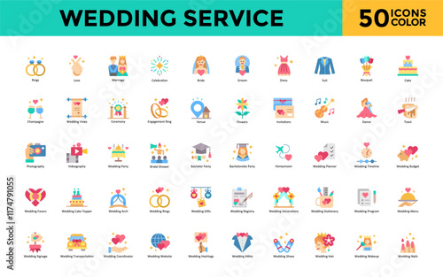 Wedding Service icon set with rings, love, marriage, celebration, bride, groom, dress, suit, bouquet, cake icon. Simple flat color vector 
