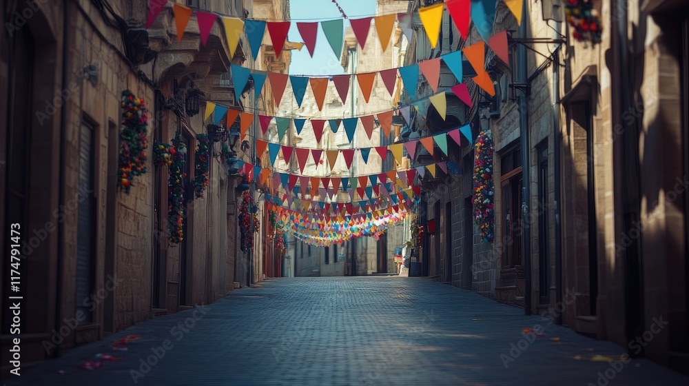 Fototapeta premium Festive Triangular Flags Adorn Cobblestone Alleyway