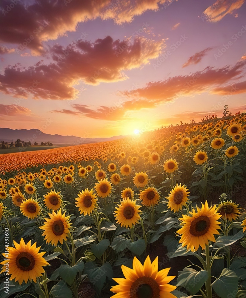 Obraz premium Warm sunlight casts a gentle glow over rows of tall, bright yellow sunflowers against a vibrant orange and pink sunset sky, golden hour, warm colors
