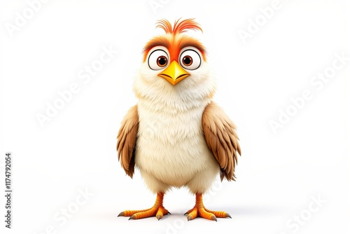Adorable cartoon bird with fluffy feathers and orange accents standing upright on a white background. Concept of cuteness and animation. Ai generative