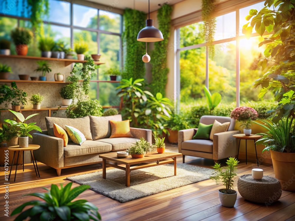 Cozy Living Room with Plants, Natural Light, Tilt-Shift Photography Cozy Living Room with Plants, Natural Light, Tilt-Shift Photography