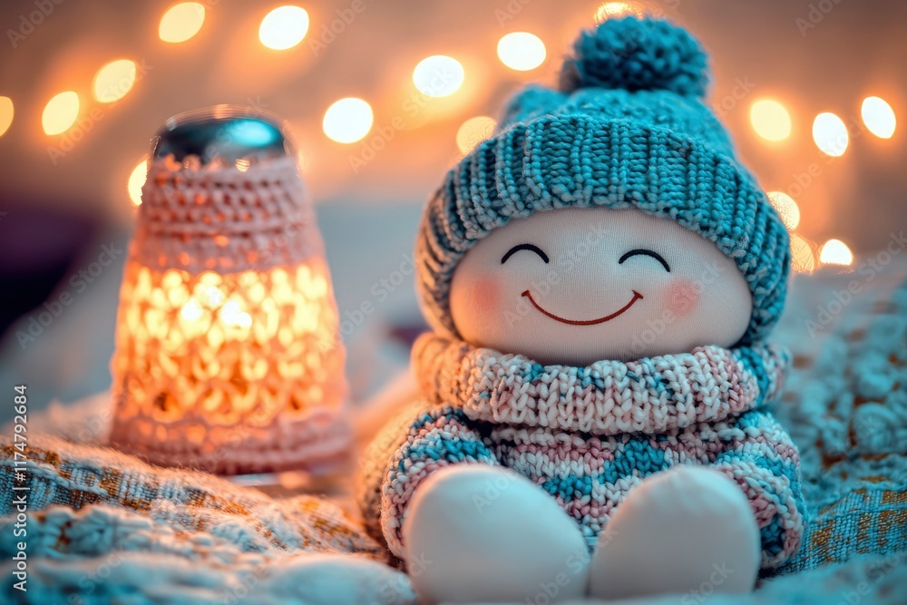 Fototapeta premium Happy Smiling Snowman Doll Cozy Winter Scene