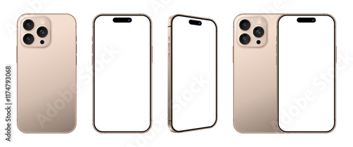 iPhone 15 and 16 Pro Max smartphone devices with front side and back view mockup set. Realistic gold mobile phone blank screen template for product advertisement and social media user interface design