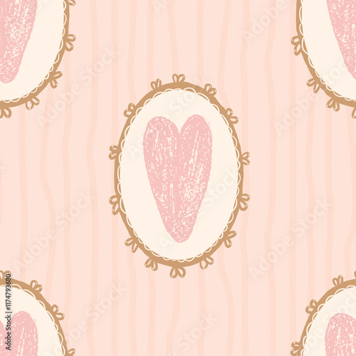 Hearts in oval vintage frame seamless pattern. Valentines day coquette stripes repeat background. Love symbols endless backdrop. Surface pattern design romantic motif. Vector hand drawn illustration.