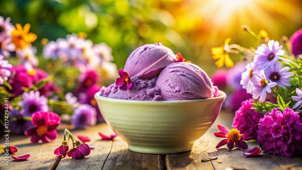 Creamy Purple Ice Cream in Blooming Flower Garden - Summer Dessert Stock Photo Creamy Purple Ice Cream in Blooming Flower Garden - Summer Dessert Stock Photo