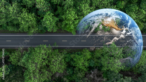 Fotografie Asphalt road in middle of green tree forest road with globe planet earth, Green business sustainable energy environment ecosystem planet earth, Road to save earth planet save world and environment