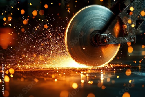 Industrial metalworking, sparks flying, angle grinder, dark workshop, glowing embers, bokeh lights, moody atmosphere, warm orange tones, close-up detail, high contrast, dramatic lighting, metal shavin photo