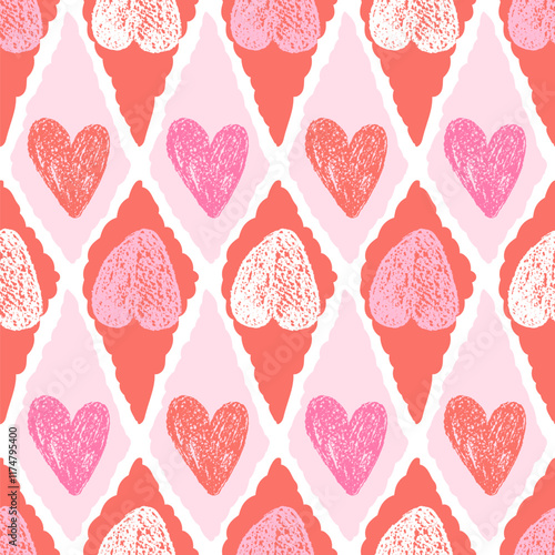 Hearts crayon drawn seamless pattern on rhombus doodle frames. Valentines day repeat background. Love symbols endless backdrop. Surface pattern design romantic date motif. Vector hand drawn cover.