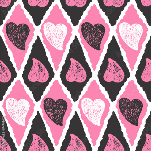 Hearts crayon drawn seamless pattern on rhombus doodle frames. Valentines day repeat background. Love symbols endless backdrop. Surface pattern design romantic date motif. Vector hand drawn cover.