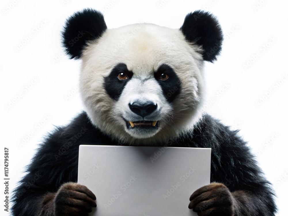 Fototapeta premium Cute Angry Panda Silhouette Holding Sign, White Background Stock Photo
