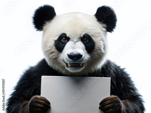 Cute Angry Panda Silhouette Holding Sign, White Background Stock Photo photo