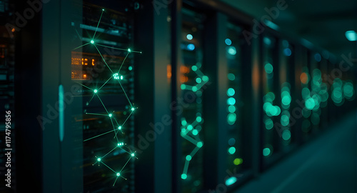 Data Network Server Room with Glowing Connections
