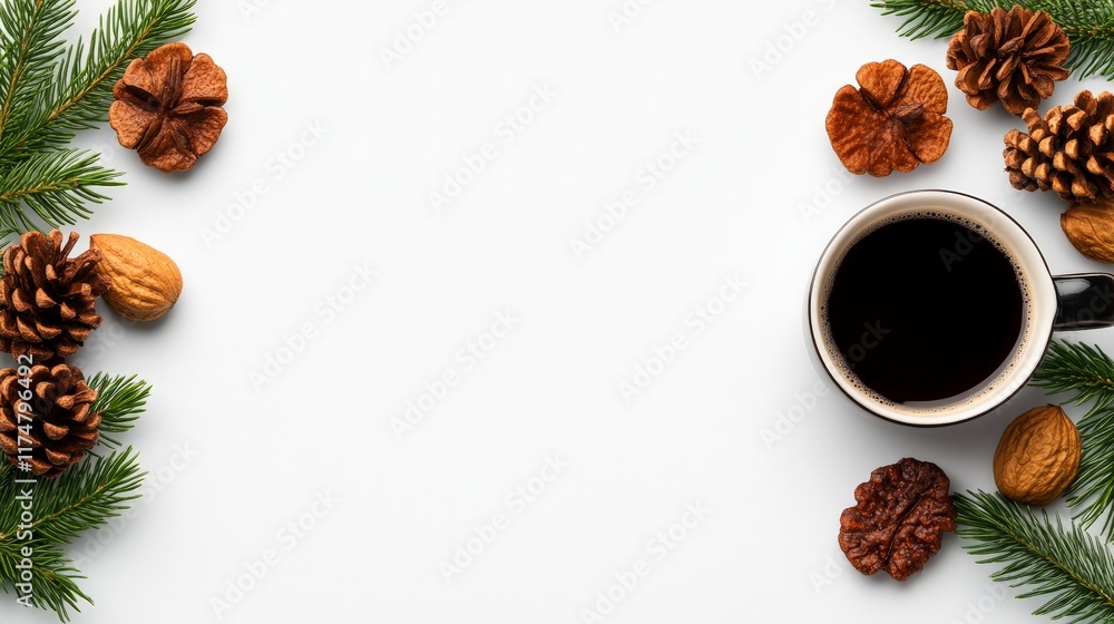 Cozy Winter Coffee Break: A warm cup of coffee nestled amongst pine branches, pine cones, and almonds, creating a tranquil winter scene. Perfect for a cozy winter blog post or social media post. Cozy Winter Coffee Break: A warm cup of coffee nestled amongst pine branches, pine cones, and almonds, creating a tranquil winter scene. Perfect for a cozy winter blog post or social media post.