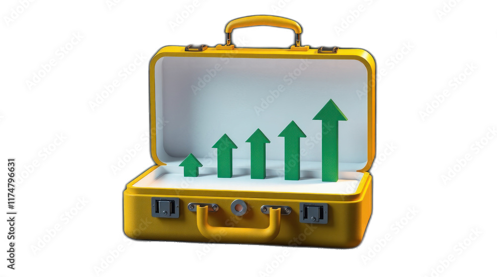 Growing business success; upward arrows in briefcase. Growing business success; upward arrows in briefcase.