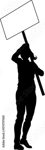 Protestor or demonstrator at a demonstration march, picket line or strike protest rally in silhouette. Holding up a banner or picket sign board placard.