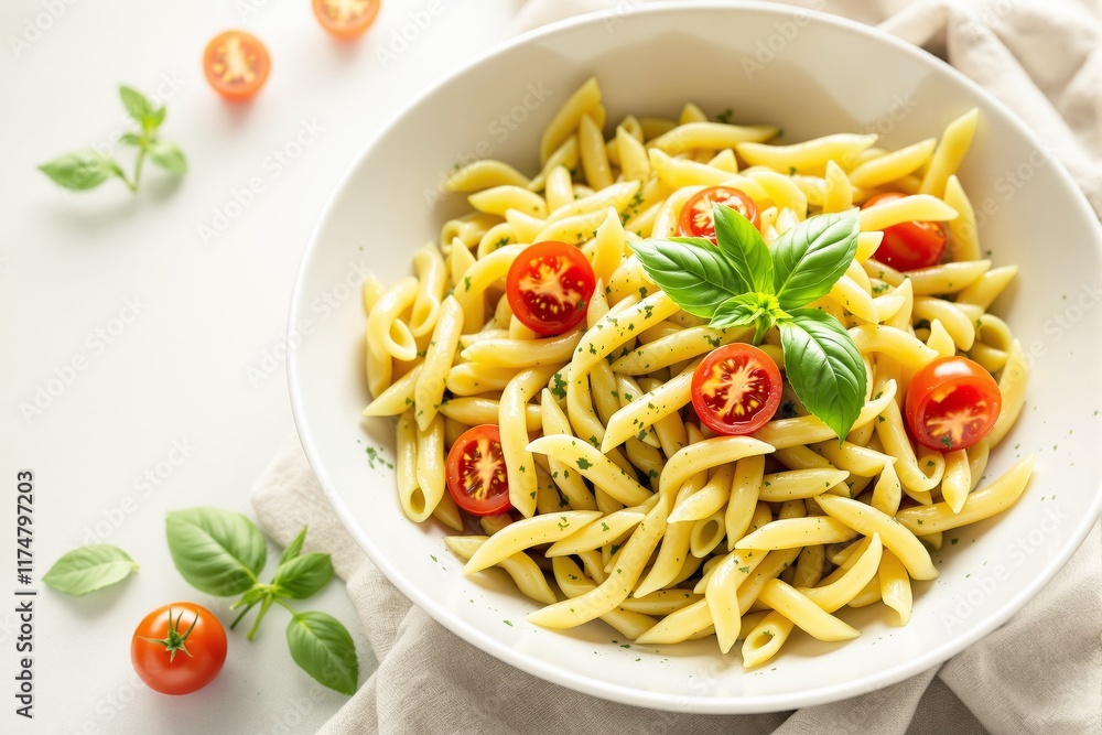A bowl of pasta garnished with cherry tomatoes, basil leaves, and herbs on a light background. Aesthetic food presentation concept. Ai generative A bowl of pasta garnished with cherry tomatoes, basil leaves, and herbs on a light background. Aesthetic food presentation concept. Ai generative