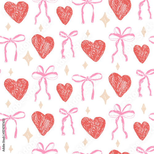 Hearts and coquette bow crayon drawn seamless pattern. Valentines day repeat background. Love and bowknots ribbon symbols endless backdrop. Romantic and girly date motif. Vector hand drawn cover.