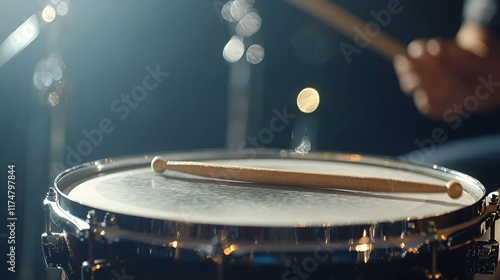 Snare drum with drumsticks resting on top ready for music photo