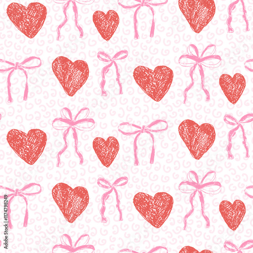 Hearts and coquette bow crayon drawn seamless pattern. Valentines day repeat background. Love and bowknots ribbon symbols endless backdrop. Romantic and girly date motif. Vector hand drawn cover.