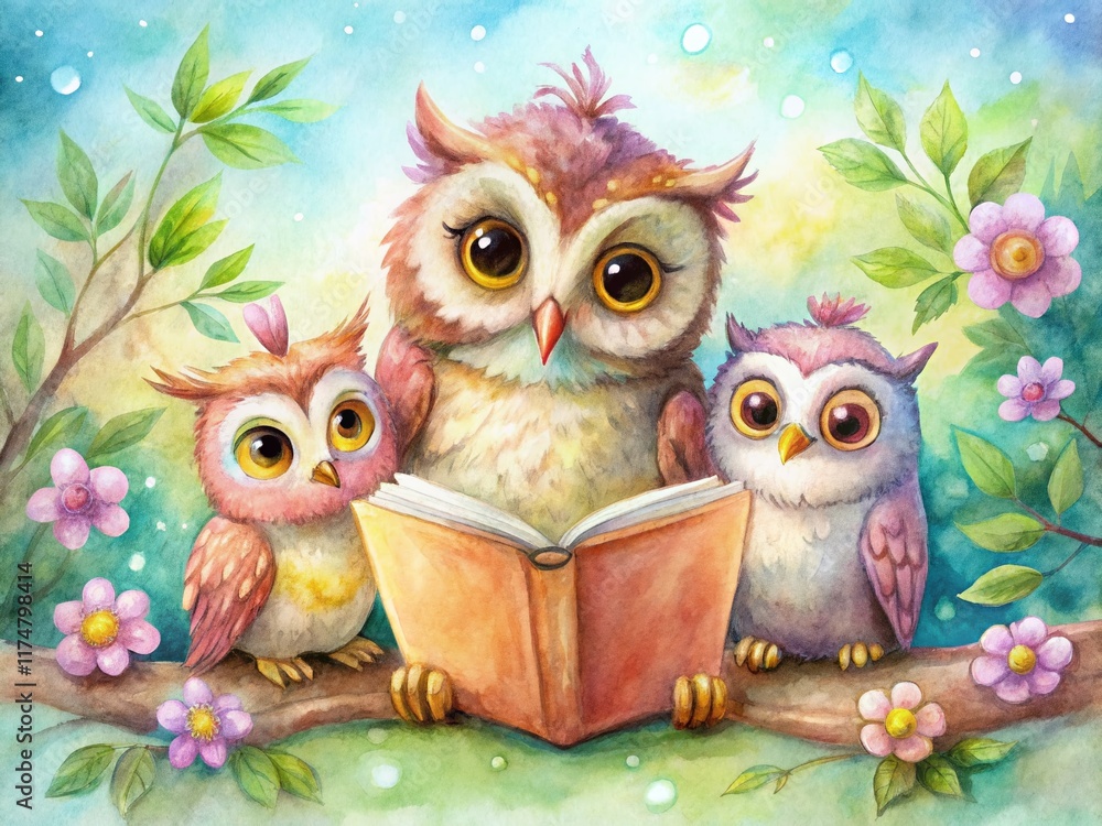 Fototapeta premium Cute Watercolor Owl Reading to Baby Owlets - Adorable Animal Story Time Stock Photo