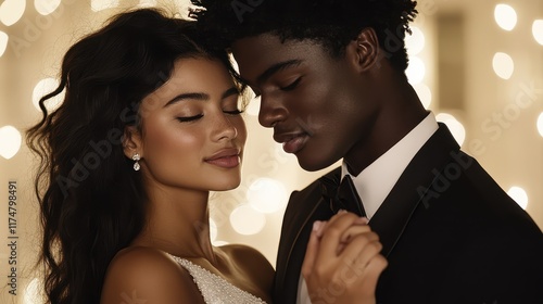 Tender Wedding Embrace: A romantic close-up of a bride and groom sharing an intimate moment, eyes closed, their foreheads touching.  The warm. photo