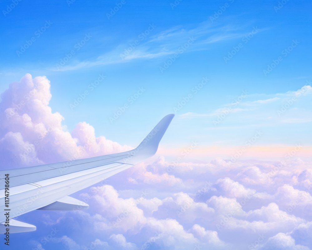 Obraz premium Serene aerial view of airplane wing over lush clouds a journey of digital art and travel inspiration