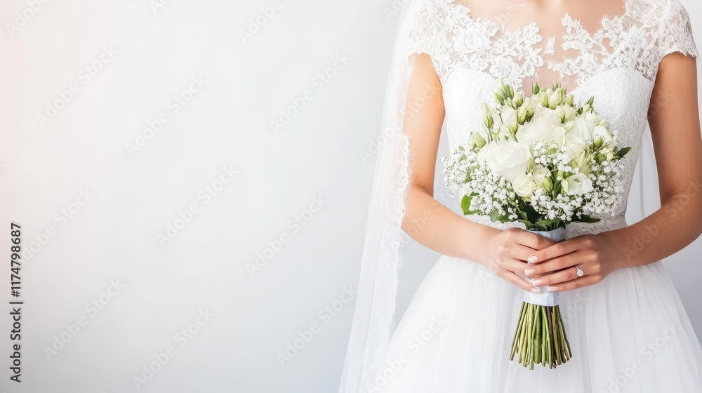 Bridal Elegance: A bride's delicate hands hold a stunning bouquet of white flowers, a symbol of purity and grace. The image is perfect for wedding blogs, invitations, and articles. Bridal Elegance: A bride's delicate hands hold a stunning bouquet of white flowers, a symbol of purity and grace. The image is perfect for wedding blogs, invitations, and articles.