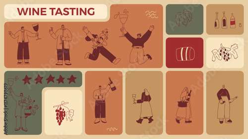 Wine tasting people on bento grid box background. Cellar event on modular mosaic grid. Party with alcohol drinks. Women and men with wineglasses visit a vineyard. Geometric vector doodle illustration.