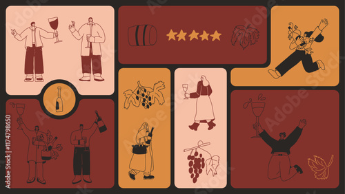 Wine party. Drinking people on bento grid box background. Tasting event on modular mosaic grid. Party with alcohol drinks. Women and men with wineglasses visit vineyard. Geometric vector illustration.