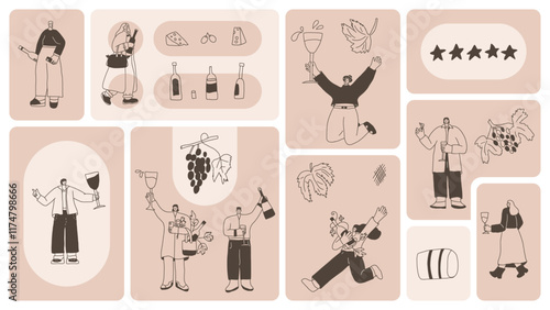 Wine drink people on bento grid box background. Tasting event on modular mosaic grid. Party with alcohol drinks. Women and men with wineglasses visit a vineyard. Geometric vector doodle illustration.