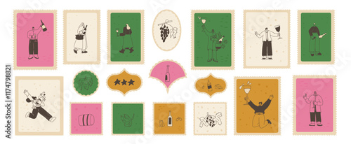 Wine club on postal stamps set. Tasting event square zigzag edges emblem. Party with alcohol drinks.People with wineglasses and bottles visit a vineyard. Vector hand drawn doodle illustration.